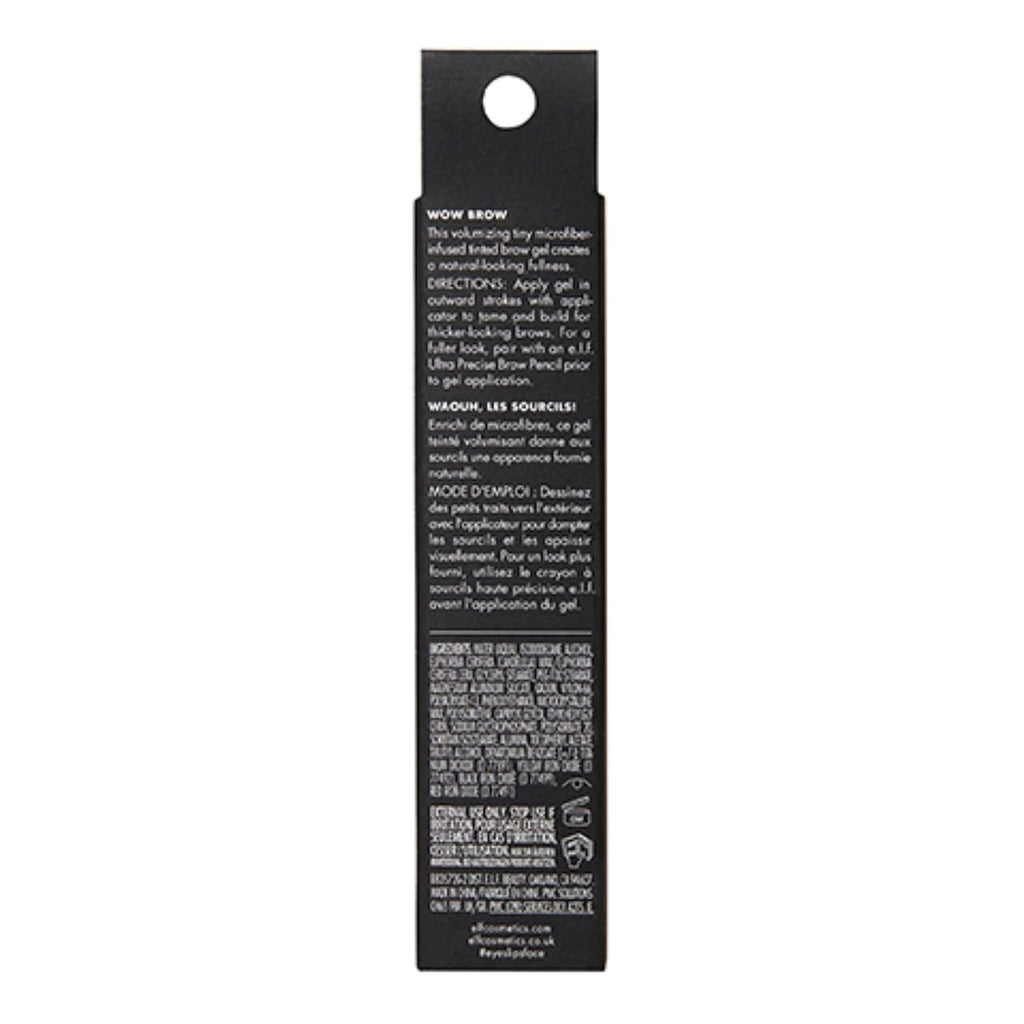 e.l.f. Wow Brow Gel. Volumizing. Buildable. Wax-Gel Hybrid. Creates Full. Voluminous-Looking Brows. Locks Brow Hairs In Place. Brunette