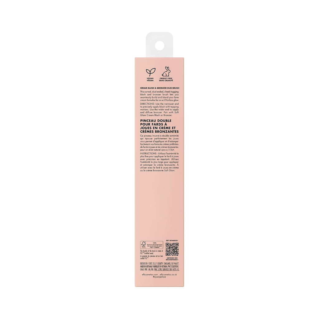 e.l.f. Cream Blush & Bronzer Duo Brush. Blending & Layering Brush | Cream Formulas. Dense Synthetic Bristles. Angled Sculpting. Creates Seamless & Professional Finish. Vegan & Cruelty-Free