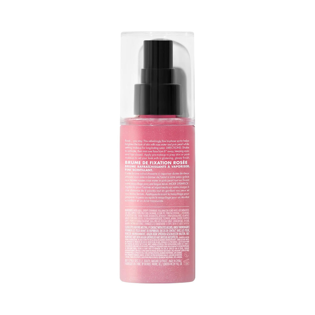 e.l.f. Power Grip Rosé Setting Spray. Bright & Glassy Finish. Pearl Powder | Niacinamide & Rose Water. Preps & Sets Makeup for Long-Lasting Wear. Non-Sticky & Non-Greasy Feel. Vegan & Cruelty-Free