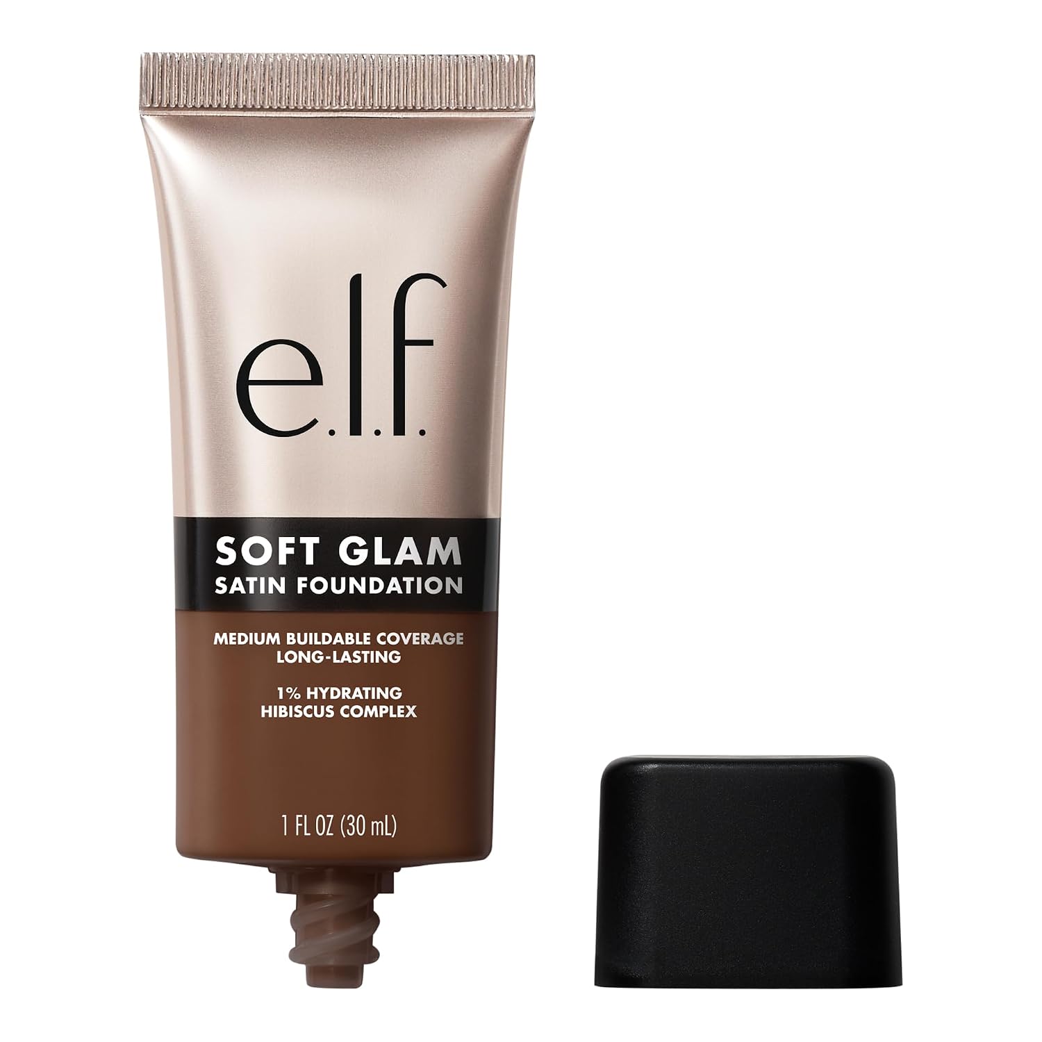 e.l.f. Soft Glam Satin Foundation. Medium Coverage. 44 Tan Cool | Satin Finish. Long-Lasting Wear. Hydrating Hyaluronic Acid & Hibiscus Complex. Blurs Pores. Lightweight. Vegan & Cruelty-Free
