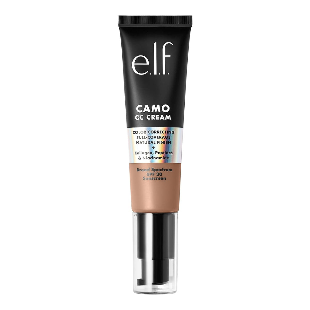 e.l.f. Camo CC Cream. SPF 30 Color-Correcting Medium-To-Full Coverage Face Foundation. Delivers An Airbrushed Finish. Vegan & Cruelty-Free. Tan 415 C