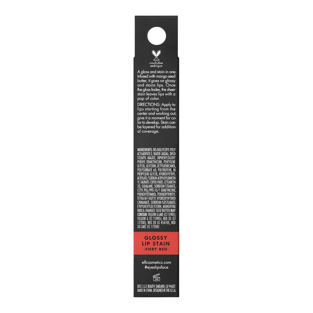 e.l.f. Glossy Lip Stain. Long-Lasting. Lightweight Lip Stain For A Sheer Pop Of Color & Subtle Gloss Finish. Vegan & Cruelty-Free. Fiery Red