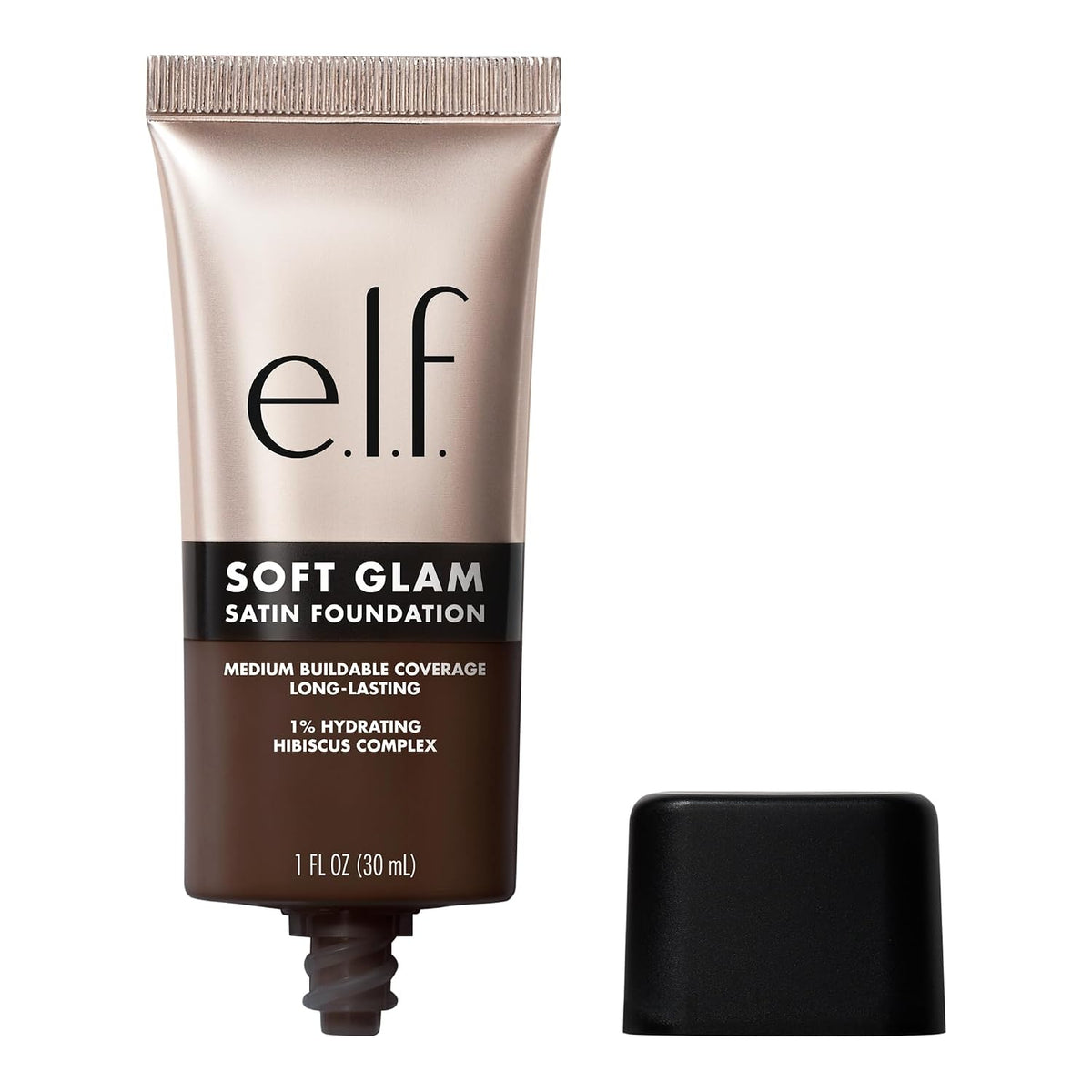 e.l.f. Soft Glam Satin Foundation. Medium Coverage. 44 Tan Cool | Satin Finish. Long-Lasting Wear. Hydrating Hyaluronic Acid & Hibiscus Complex. Blurs Pores. Lightweight. Vegan & Cruelty-Free