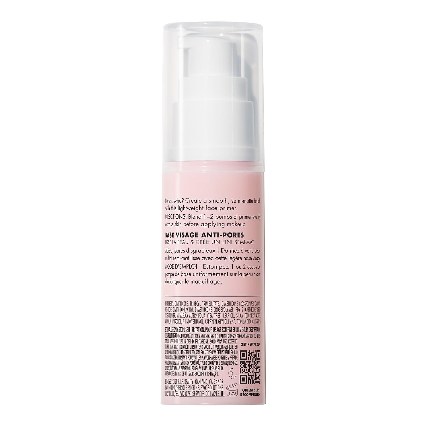 e.l.f. Poreless Face Primer - Large. Silky. Skin-Perfecting. Lightweight. Long Lasting. Absorbs Quickly. Smooths. Preps. Creates Flawless Base. Infused with Tea Tree and Vitamins A & E. 1.01 Fl Oz