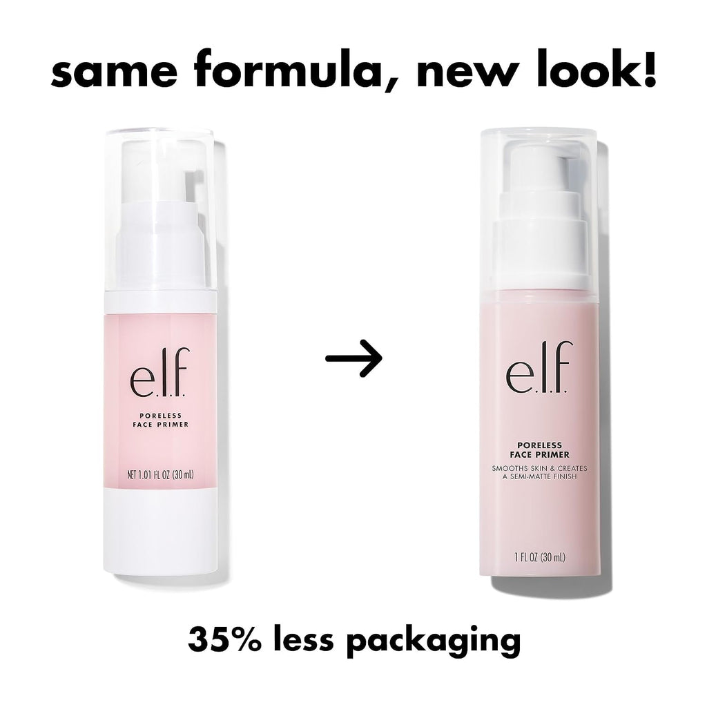 e.l.f. Poreless Face Primer - Large. Silky. Skin-Perfecting. Lightweight. Long Lasting. Absorbs Quickly. Smooths. Preps. Creates Flawless Base. Infused with Tea Tree and Vitamins A & E. 1.01 Fl Oz