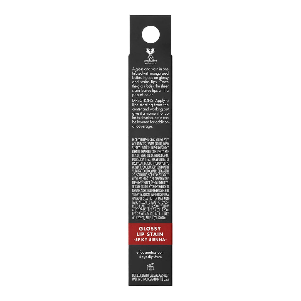 e.l.f. Glossy Lip Stain. Long-Lasting. Lightweight Lip Stain For A Sheer Pop Of Color & Subtle Gloss Finish. Vegan & Cruelty-Free. Spicy Sienna