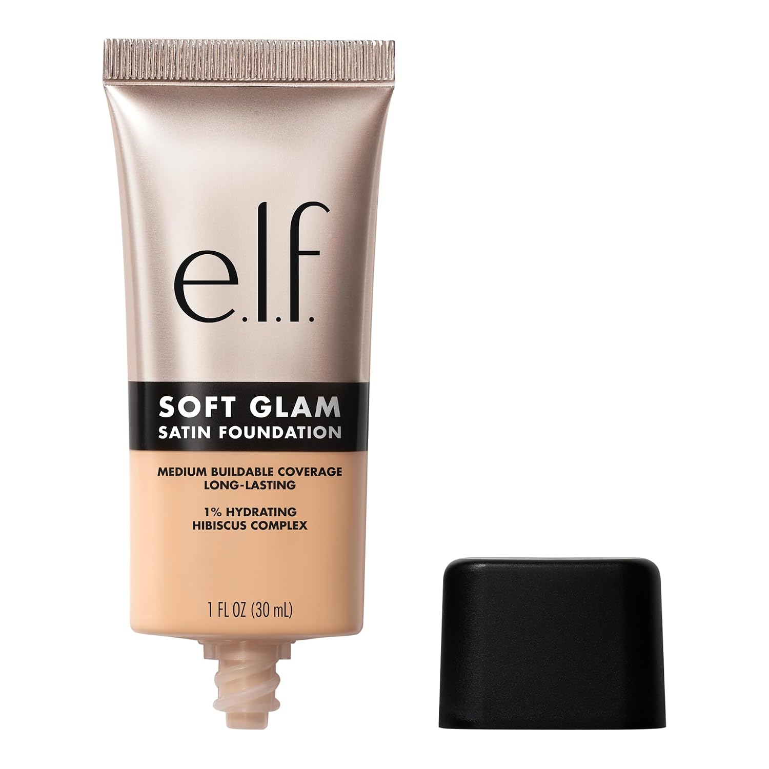 e.l.f. Soft Glam Satin Foundation. Medium Coverage. 44 Tan Cool | Satin Finish. Long-Lasting Wear. Hydrating Hyaluronic Acid & Hibiscus Complex. Blurs Pores. Lightweight. Vegan & Cruelty-Free