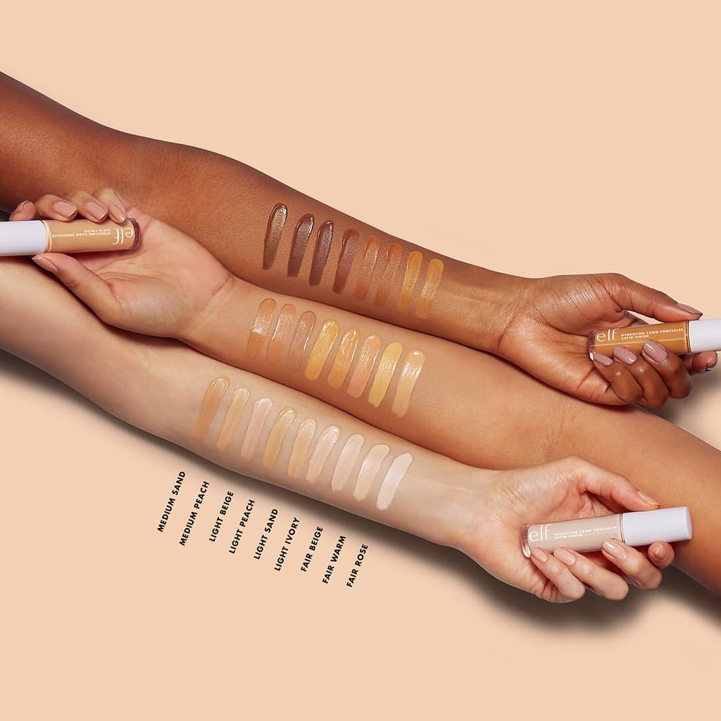 e.l.f. Hydrating Camo Concealer. Full Coverage. Light Sand | Satin Finish. Under-Eye & Blemish Coverage. Hydrating Formula. Long-Lasting Wear. Non-Creasing. Vegan & Cruelty-Free