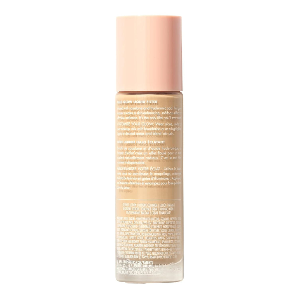 e.l.f. Halo Glow Liquid Filter. Hydrating Complexion Boost. 0.5 Fair | Soft Focus. Luminous Natural Glow for Face & Body. Infused with Hyaluronic Acid & Squalene. Vegan & Cruelty-Free