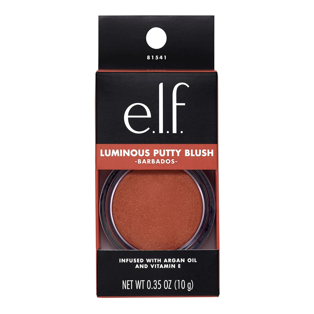 e.l.f. Luminous Putty Blush. Putty-to-Powder. Buildable Blush With A Subtle Shimmer Finish. Highly Pigmented & Creamy. Vegan & Cruelty-Free. Barbados