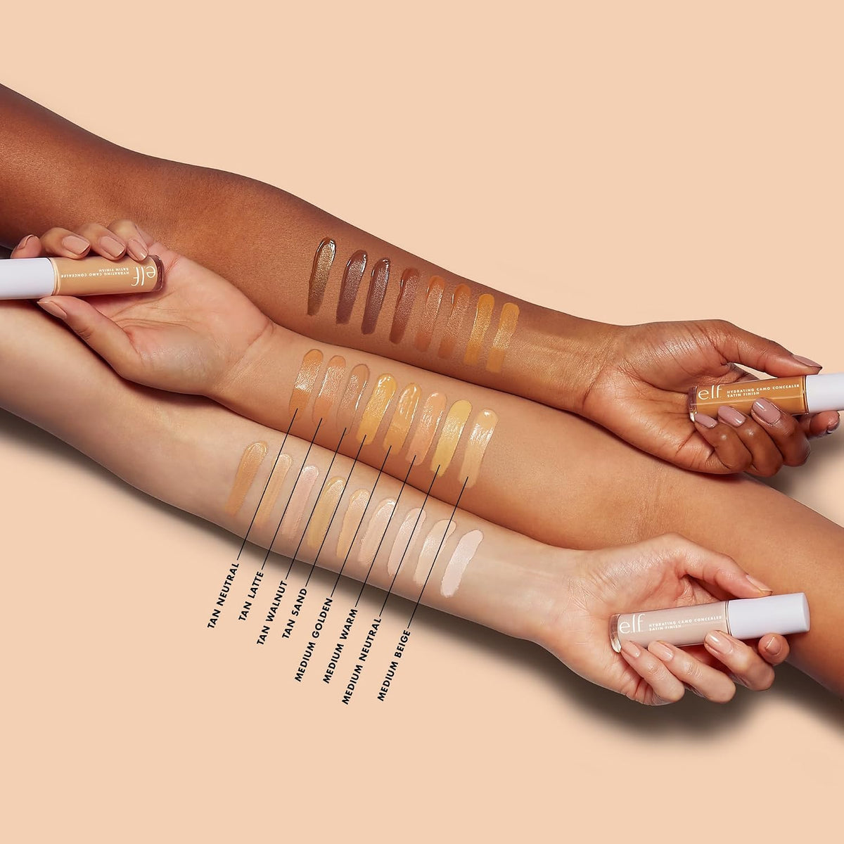 e.l.f. Hydrating Camo Concealer. Full Coverage. Medium Warm | Satin Finish. Under-Eye & Blemish Coverage. Hydrating Formula. Long-Lasting Wear. Non-Creasing. Vegan & Cruelty-Free
