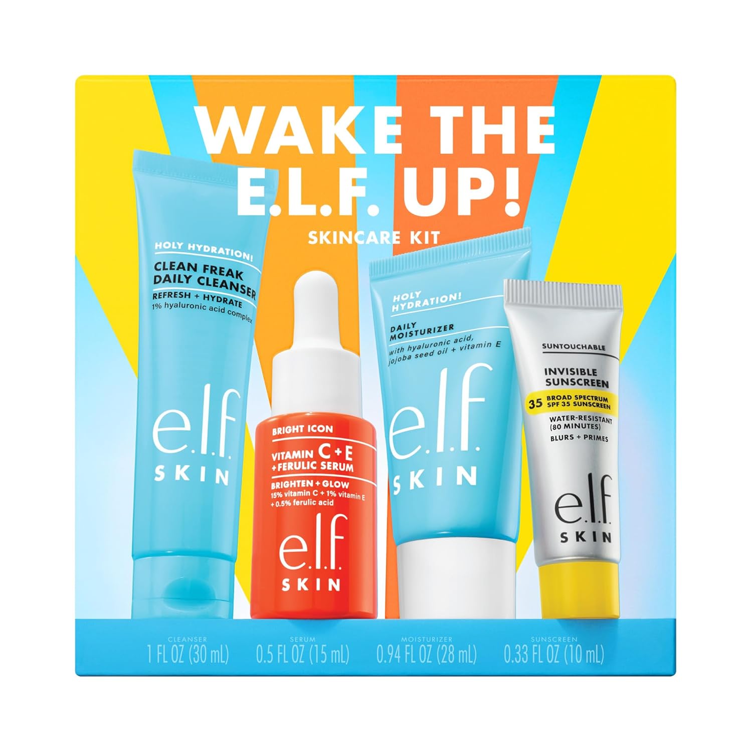 e.l.f. SKIN Wake the e.l.f. Up Skincare Kit | Travel-Size Hydrating Face Cleanser. Sunscreen. Moisturizer & Brightening Serum. Vegan & Cruelty-Free