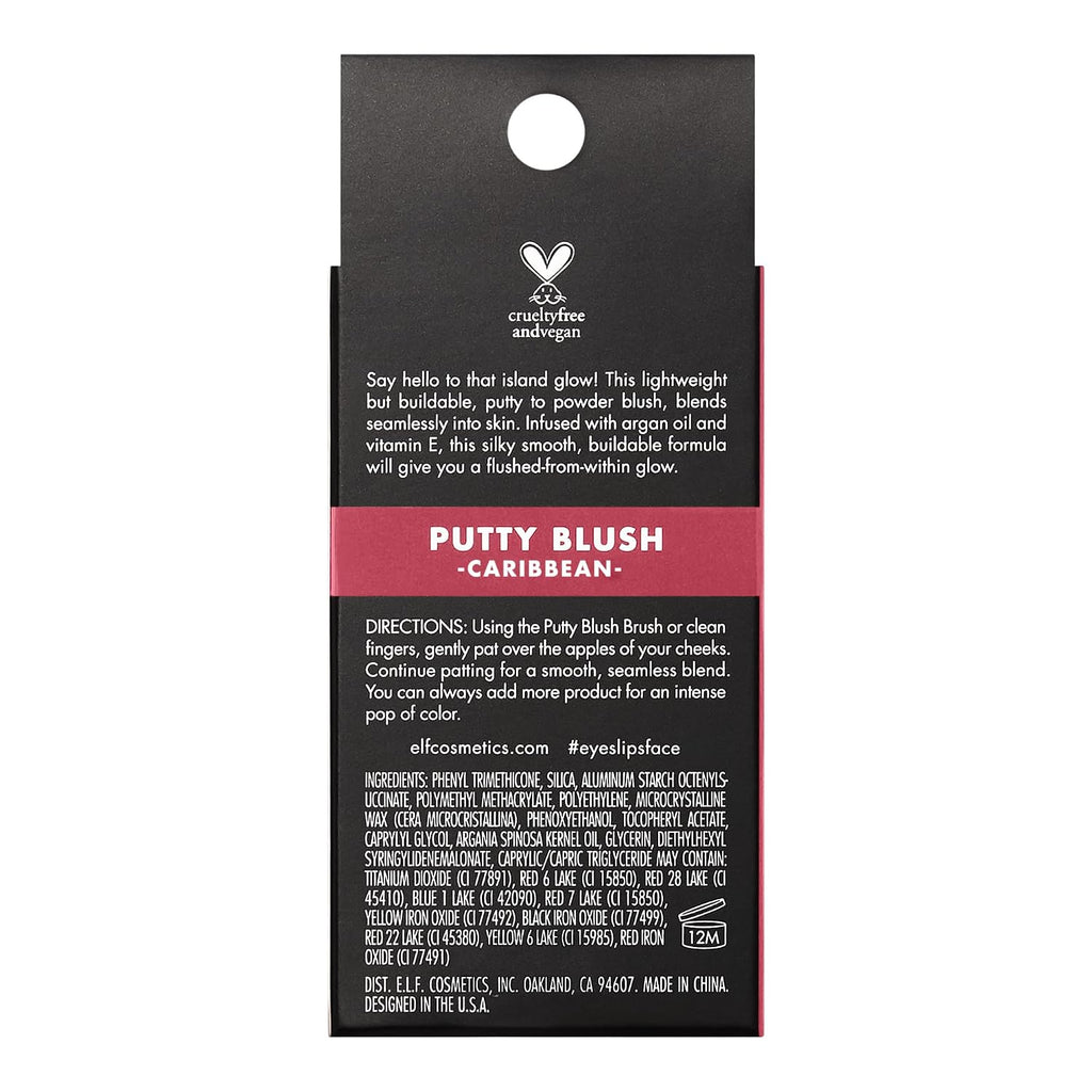 e.l.f. Putty Blush. Creamy & High-Pigment Formula For A Natural Glow. Delivers A Semi-Matte & Powder Finish. Vegan & Cruelty-Free. Caribbean