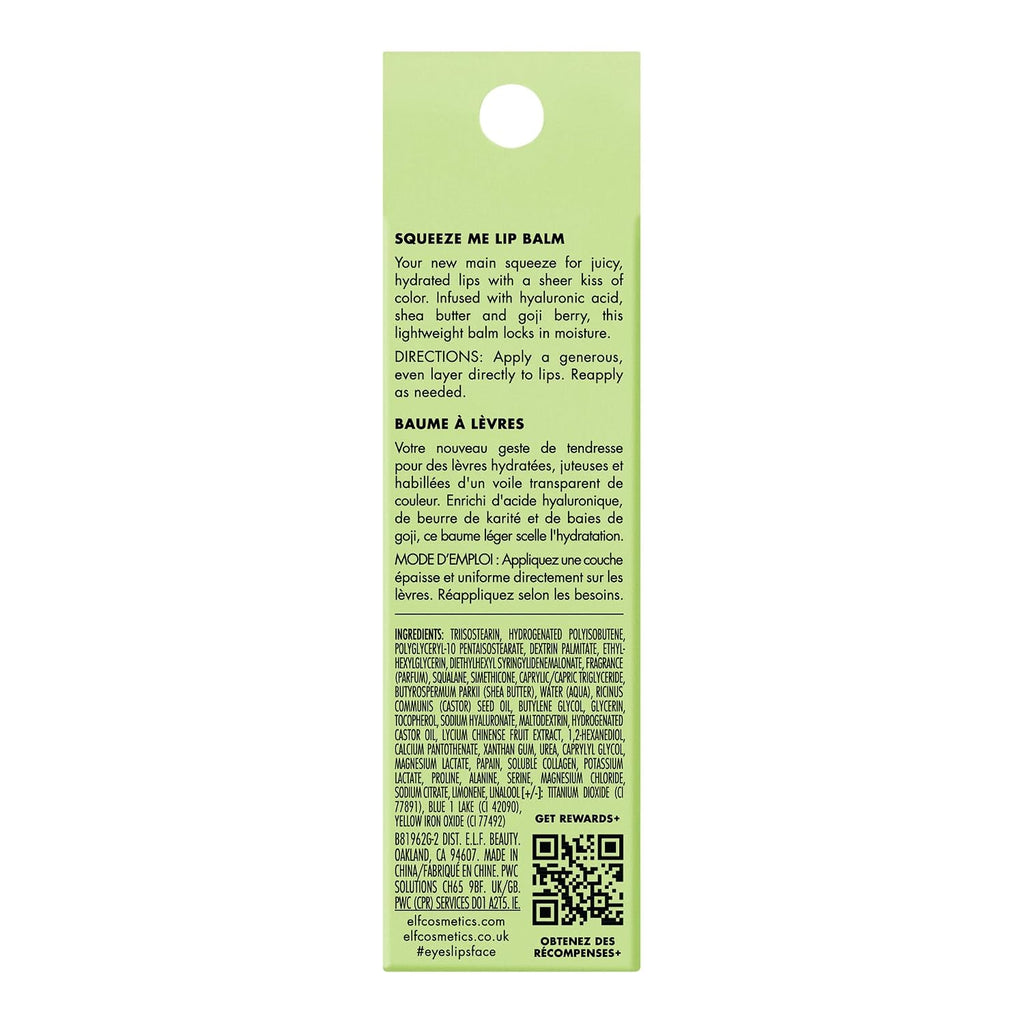 e.l.f. Squeeze Me Lip Balm. Honeydew | Moisturizing Lip Balm For A Sheer Tint Of Color. Infused With Hyaluronic Acid. Vegan & Cruelty-free