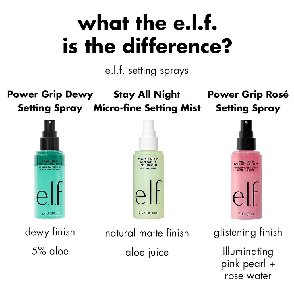 e.l.f. Power Grip Rosé Setting Spray. Bright & Glassy Finish. Pearl Powder | Niacinamide & Rose Water. Preps & Sets Makeup for Long-Lasting Wear. Non-Sticky & Non-Greasy Feel. Vegan & Cruelty-Free