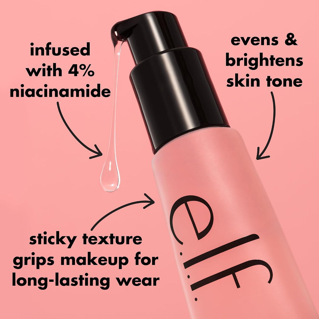 e.l.f. Power Grip Primer + 4% Niacinamide. Gripping Gel Primer. 0.811 Fl Oz | Brightening Formula. Ultra-Dewy & Glowing Finish. Long-Lasting Wear. Hydrating Gel Base. Lightweight. Vegan & Cruelty-Free