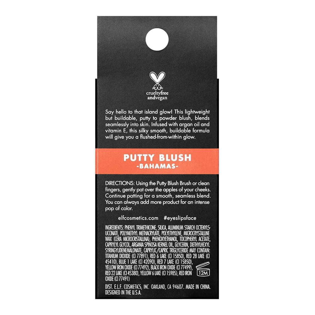 e.l.f. Putty Blush. Creamy & High-Pigment Formula For A Natural Glow. Delivers A Semi-Matte & Powder Finish. Vegan & Cruelty-Free. Bahamas