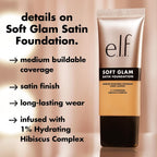 e.l.f. Soft Glam Satin Foundation. Medium Coverage. 22 Light Warm | Satin Finish. Long-Lasting Wear. Hydrating Hyaluronic Acid & Hibiscus Complex. Blurs Pores. Lightweight. Vegan & Cruelty-Free