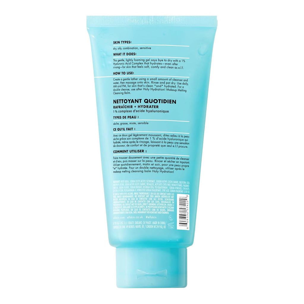 e.l.f. SKIN Holy Hydration! e.l.f.ssential Daily Cleanser | Gentle & Refreshing Gel-to-Foam Face Cleanser. Hydrated-Feel & Soft Skin. 1% Hyaluronic Acid Complex. Vegan & Cruelty-Free