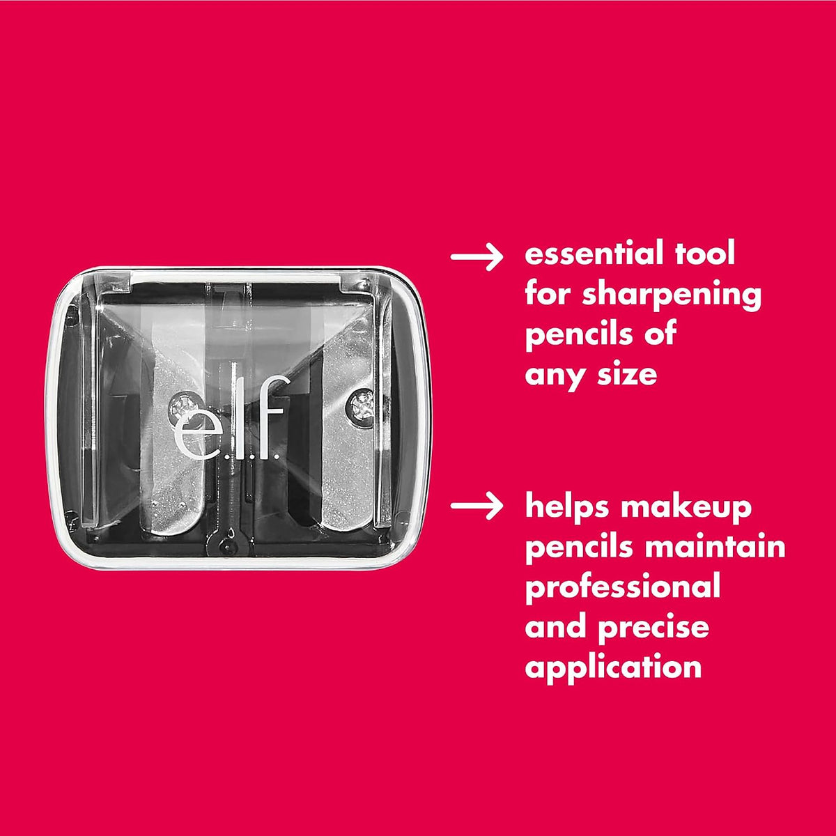 e.l.f.. Dual-Pencil Sharpener. Convenient. Essential Tool. Sharpens. Easy To Clean. Travel-Friendly. Compact. Includes Bonus Small Sharpener