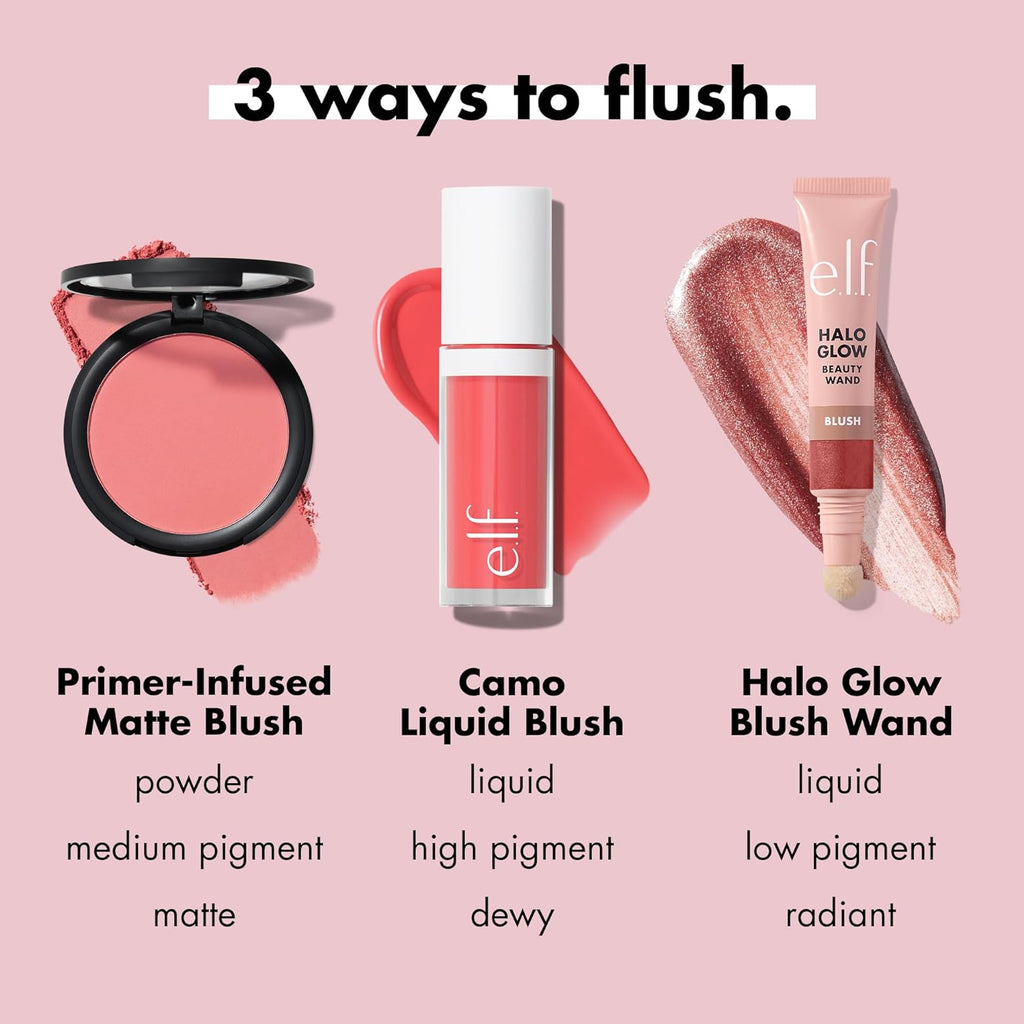 e.l.f. Primer-Infused Matte Blush. Always Vibrant | Long-Lasting. Lightweight & Buildable Powder Blush. Delivers A Matte Finish. Vegan & Cruelty-Free