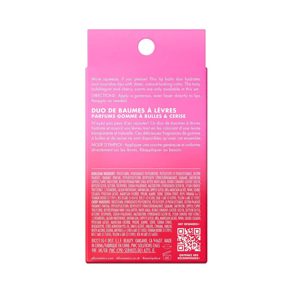 e.l.f. Squeeze Me More Lip Balm Duo. Cherry/Bubblegum | Moisturizing Balm For A Sheer Tint Of Color. Made With Hyaluronic Acid. Vegan & Cruelty-Free. Cherry & Bubblegum