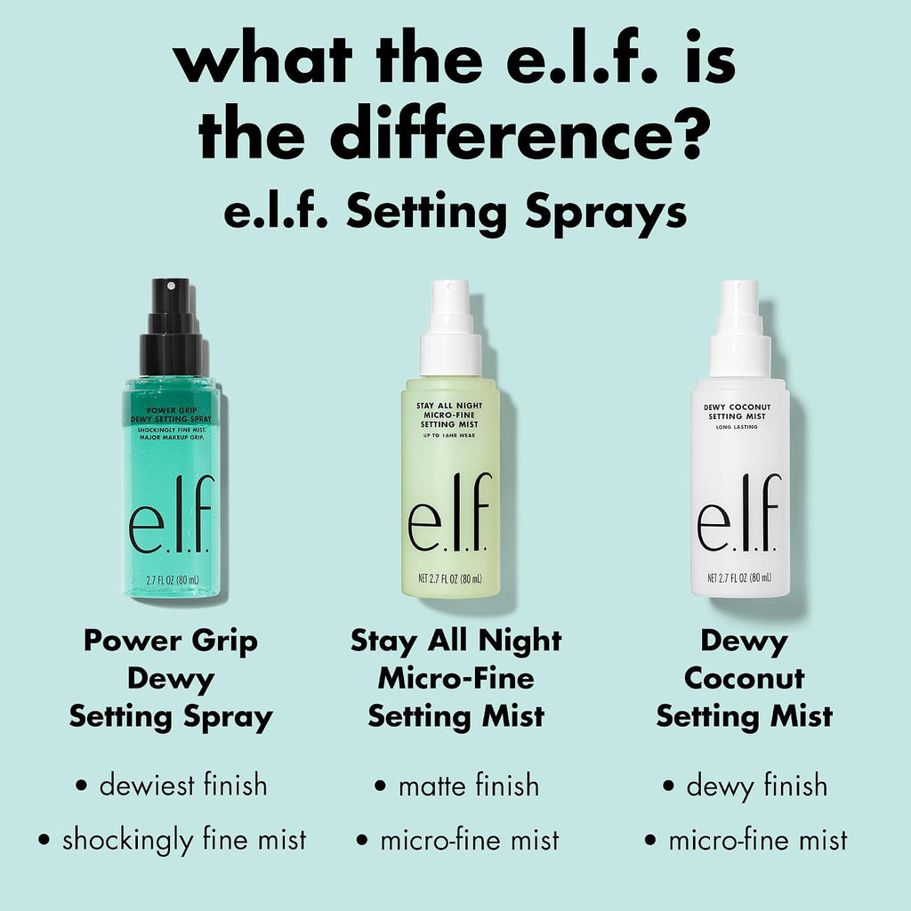 e.l.f. Power Grip Dewy Setting Spray. Hydrating Mist. Dewy Glow Finish | 5% Aloe. Hyaluronic Acid + Squalene Blend. Preps for Long-Lasting Hold. Non-Sticky & Non-Greasy Feel. Vegan & Cruelty-Free