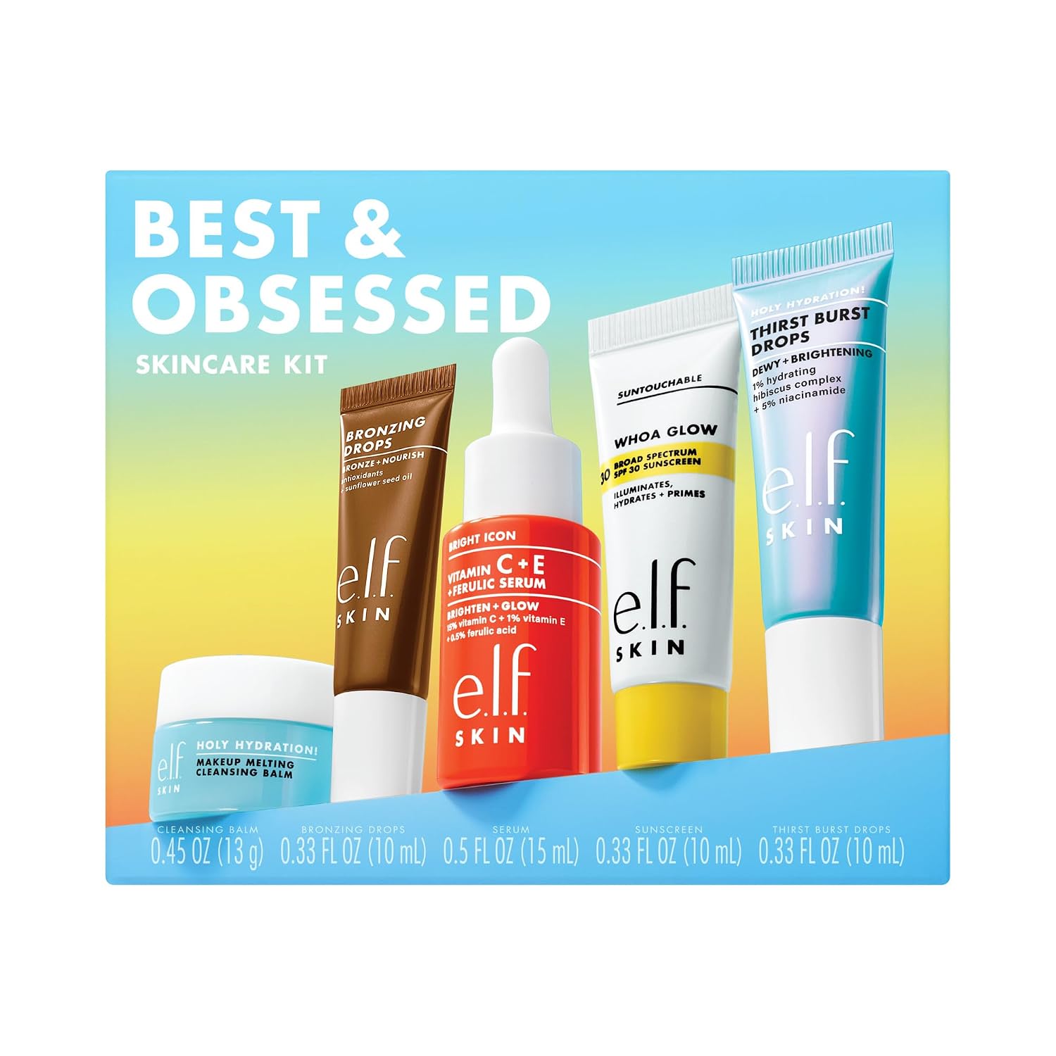 e.l.f. SKIN Best & Obsessed Skincare Kit | Travel-Size Makeup Remover. Sunscreen & Brightening Serums For Glowy Skin. Vegan & Cruelty-Free