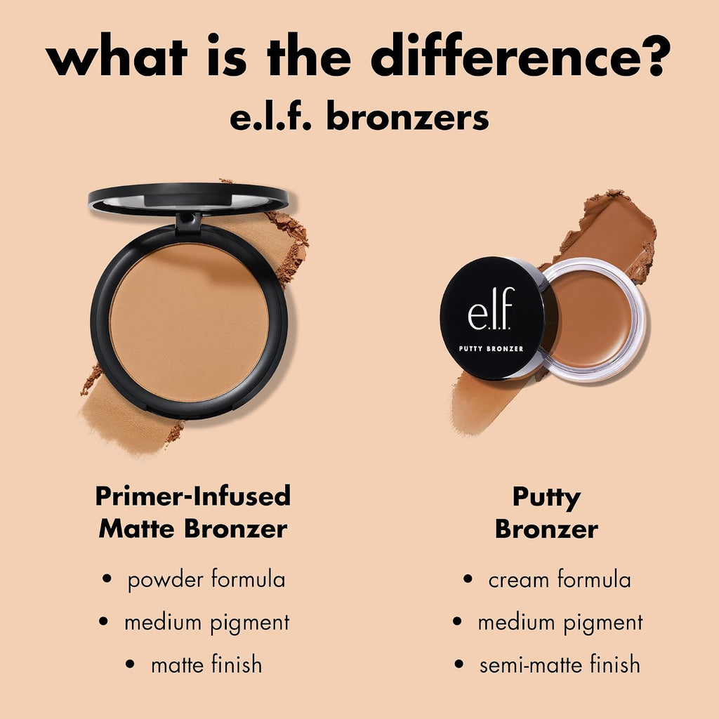 e.l.f. Primer-infused Bronzer. Long-Wear. Matte. Bold. Lightweight. Blends Easily. Contours Cheeks. Forever Sun Kissed. All-Day Wear. 0.35 Oz