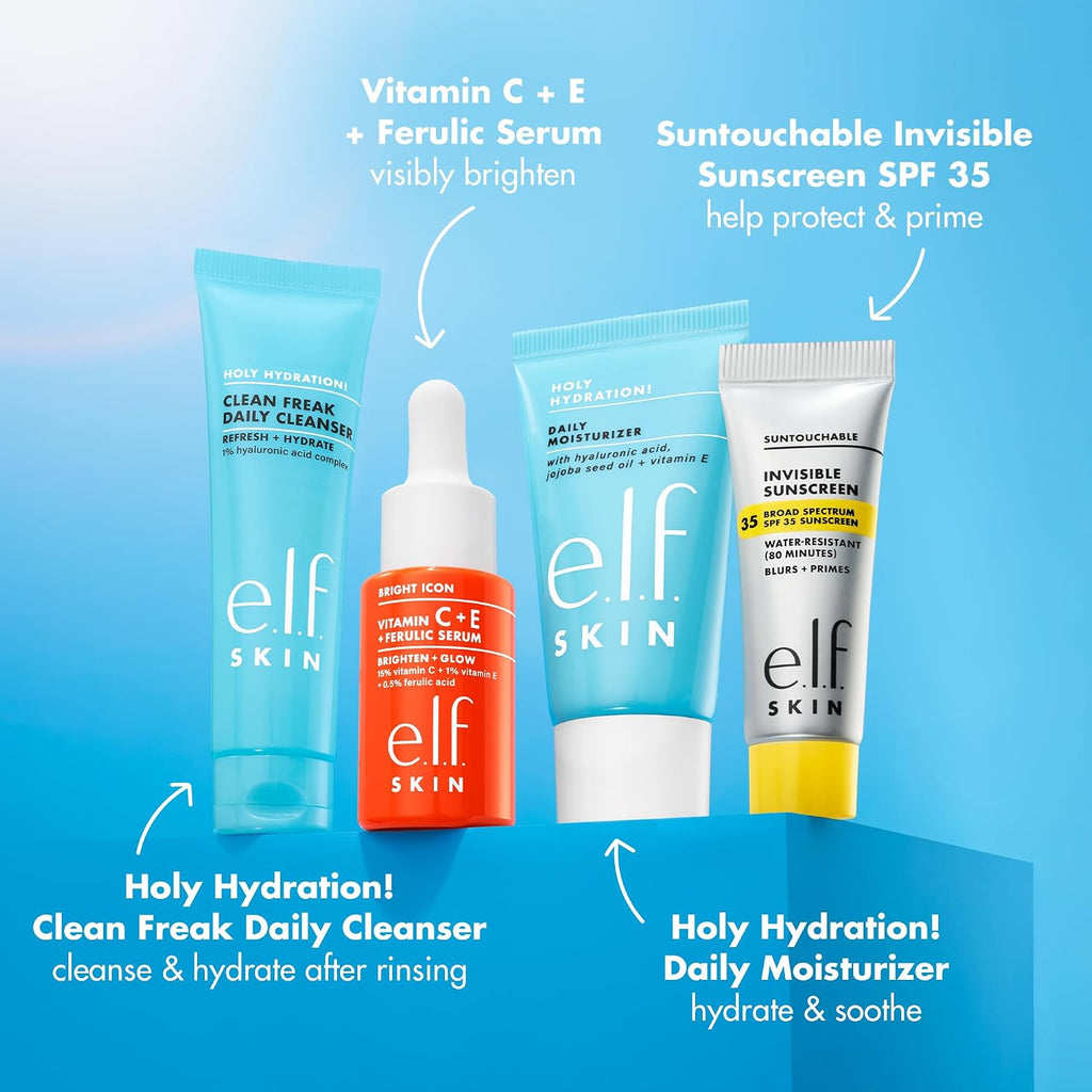 e.l.f. SKIN Wake the e.l.f. Up Skincare Kit | Travel-Size Hydrating Face Cleanser. Sunscreen. Moisturizer & Brightening Serum. Vegan & Cruelty-Free