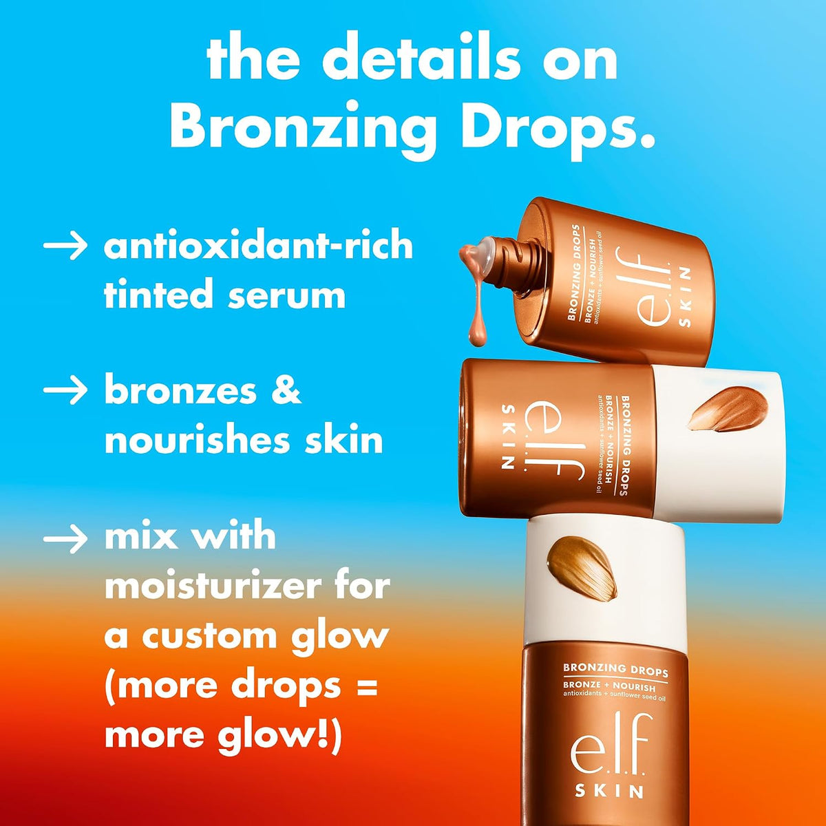 e.l.f. SKIN Bronzing Drops. Pure Gold (Golden Bronze Shimmer) | Liquid Face Tinted Serum with Vitamin E & Sunflower Oil. Shimmer Finish. Vegan & Cruelty-Free. Pure Gold