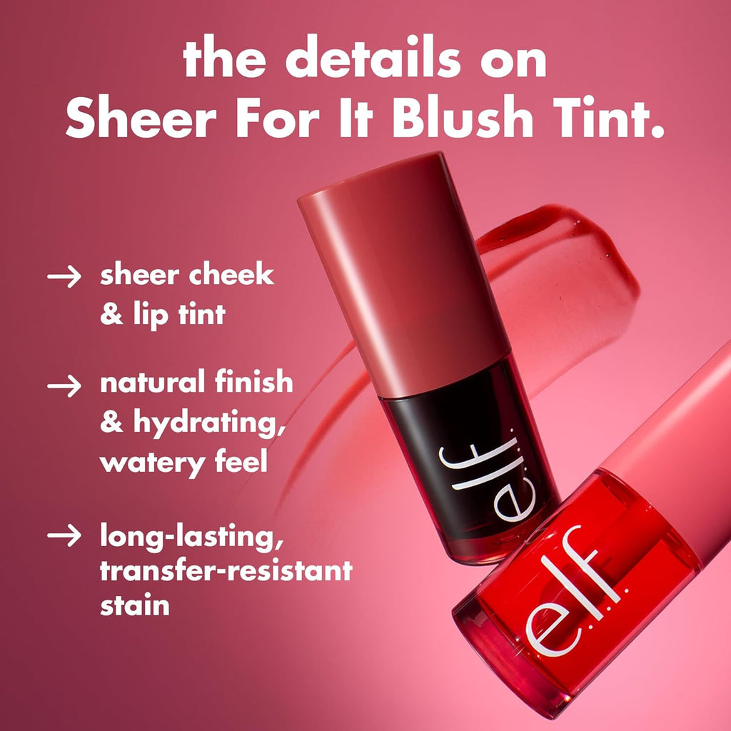 e.l.f. Sheer For It Blush Tint. Left On Red | Multi-Use. Long-Lasting Lip & Cheek Makeup. Creates A Natural Flush Finish. Vegan & Cruelty-Free
