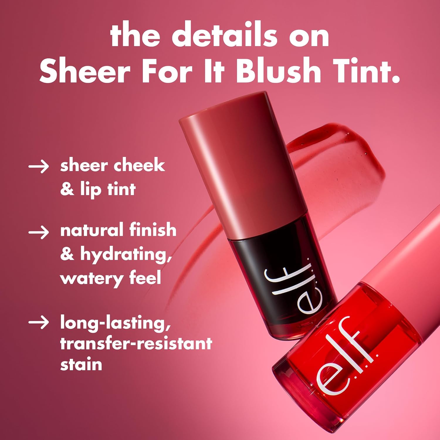 e.l.f. Sheer For It Blush Tint. Left On Red | Multi-Use. Long-Lasting Lip & Cheek Makeup. Creates A Natural Flush Finish. Vegan & Cruelty-Free