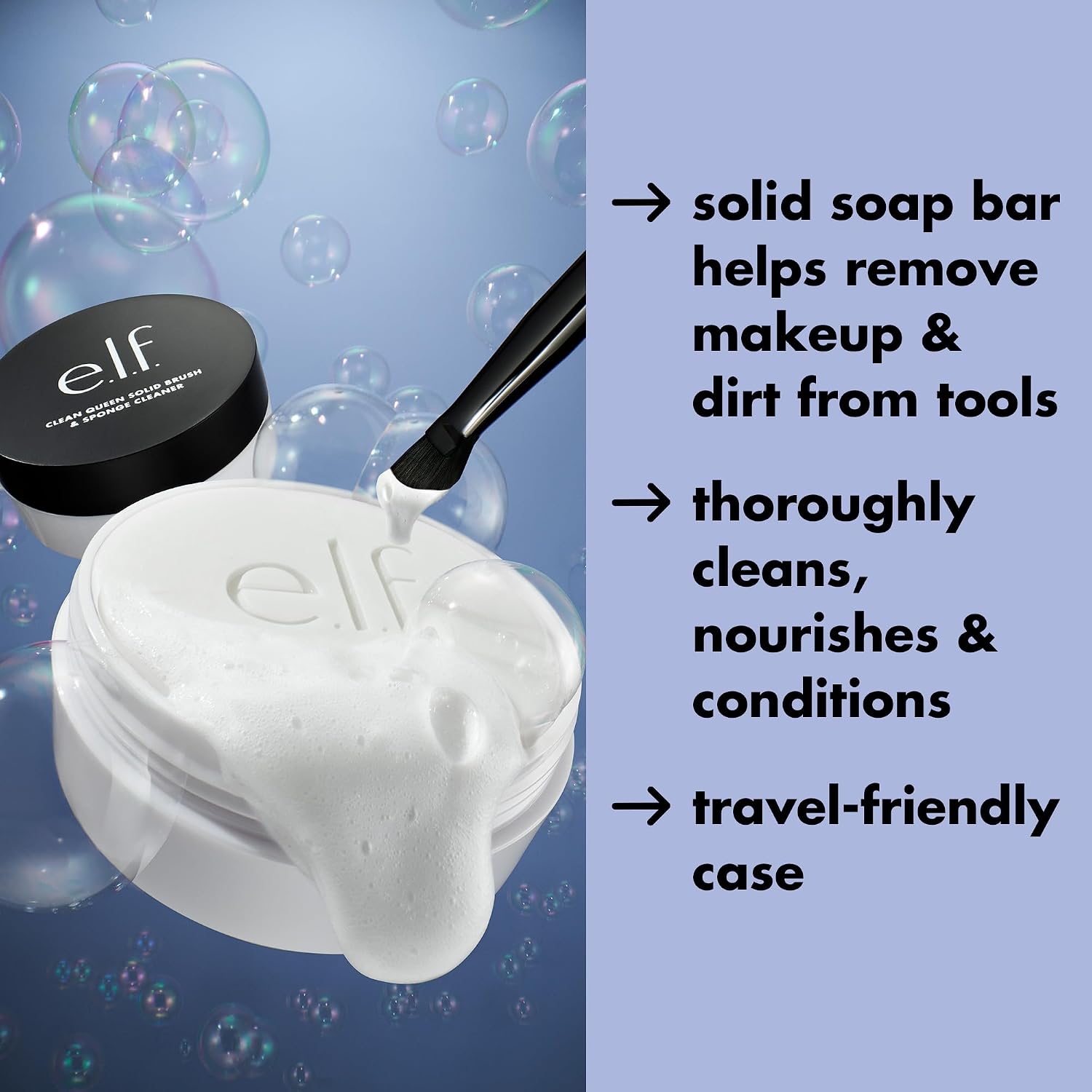 e.l.f. Clean Queen Solid Brush & Sponge Cleaner. Cleanses Face & Eye Makeup Brushes & Sponges. Nourishing. Non-Damaging Formula. Vegan & Cruelty-Free