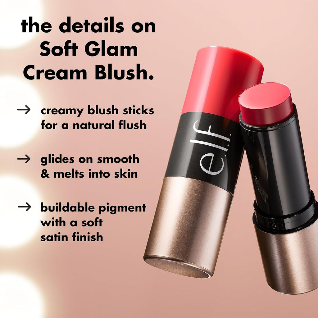 e.l.f. Soft Glam Cream Blush Stick. Buildable Natural Flush. Pink On It | Creamy Blendable Texture. Soft Satin Finish. Lightweight Buildable Color. Easy On-the-Go Application. Vegan & Cruelty-Free