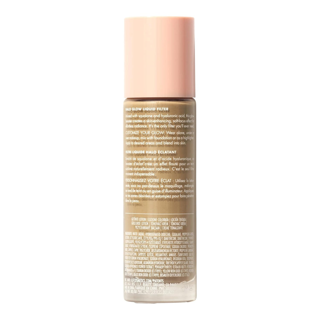 e.l.f. Halo Glow Liquid Filter. Hydrating Complexion Boost. 3.5 Medium | Soft Focus. Luminous Natural Glow for Face & Body. Infused with Hyaluronic Acid & Squalene. Vegan & Cruelty-Free