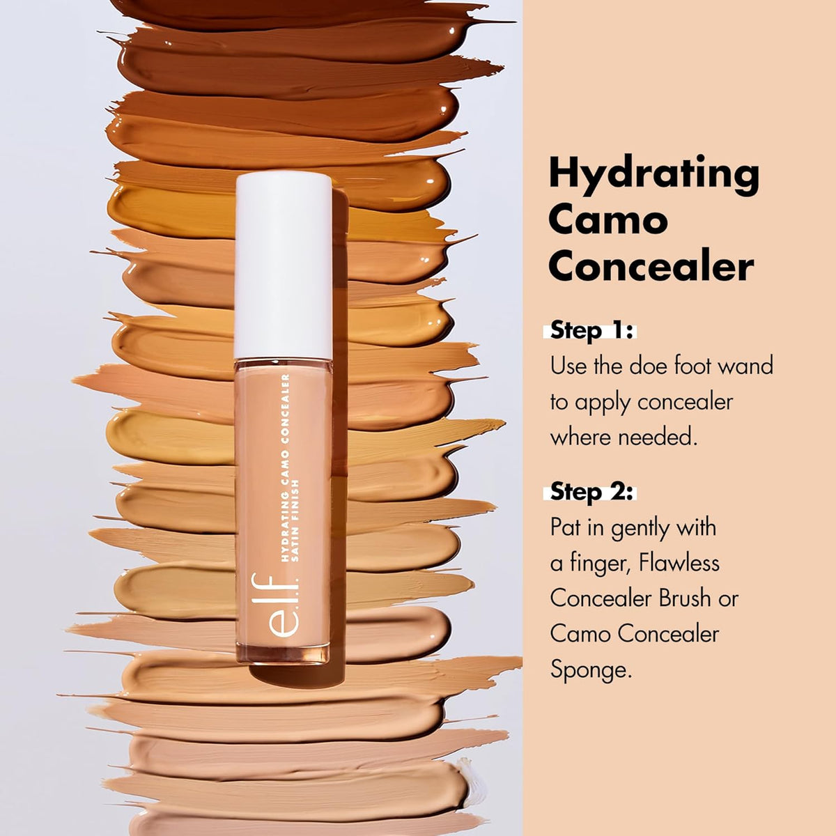 e.l.f. Hydrating Camo Concealer. Full Coverage. Fair Rose | Satin Finish. Under-Eye & Blemish Coverage. Hydrating Formula. Long-Lasting Wear. Non-Creasing. Vegan & Cruelty-Free
