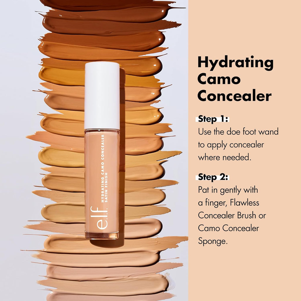 e.l.f. Hydrating Camo Concealer. Full Coverage. Deep Caramel | Satin Finish. Under-Eye & Blemish Coverage. Hydrating Formula. Long-Lasting Wear. Non-Creasing. Vegan & Cruelty-Free