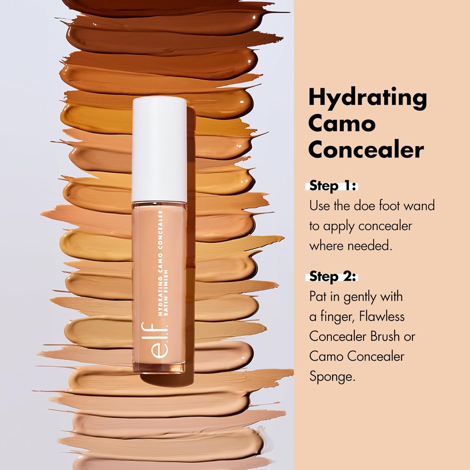 e.l.f. Hydrating Camo Concealer. Full Coverage. Rich Cocoa | Satin Finish. Under-Eye & Blemish Coverage. Hydrating Formula. Long-Lasting Wear. Non-Creasing. Vegan & Cruelty-Free