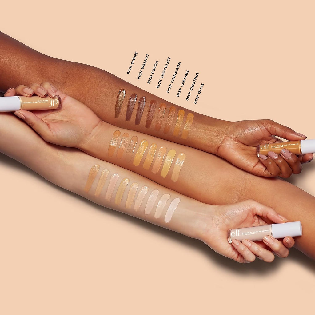 e.l.f. Hydrating Camo Concealer. Full Coverage. Rich Chocolate | Satin Finish. Under-Eye & Blemish Coverage. Hydrating Formula. Long-Lasting Wear. Non-Creasing. Vegan & Cruelty-Free