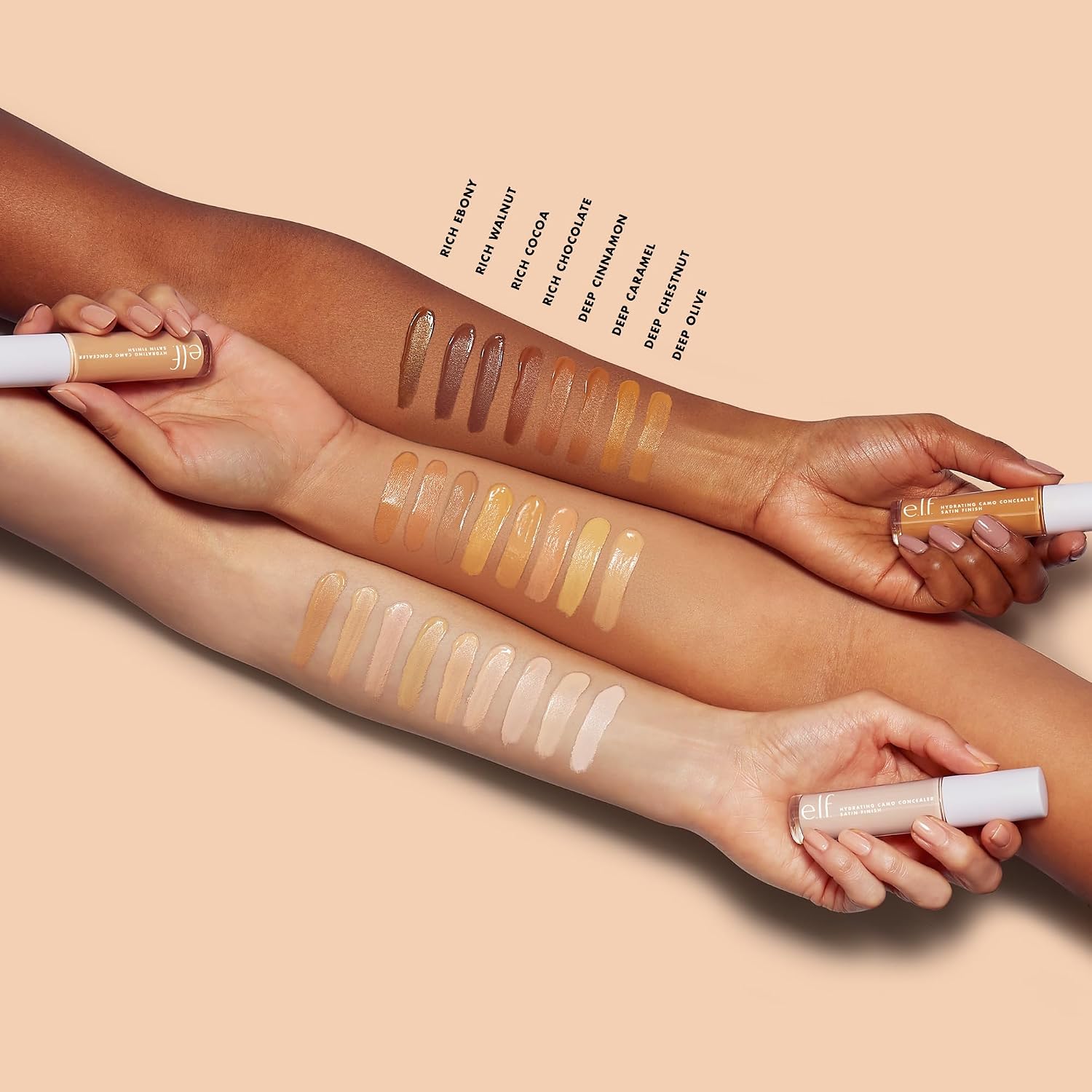 e.l.f. Hydrating Camo Concealer. Full Coverage. Deep Cinnamon | Satin Finish. Under-Eye & Blemish Coverage. Hydrating Formula. Long-Lasting Wear. Non-Creasing. Vegan & Cruelty-Free