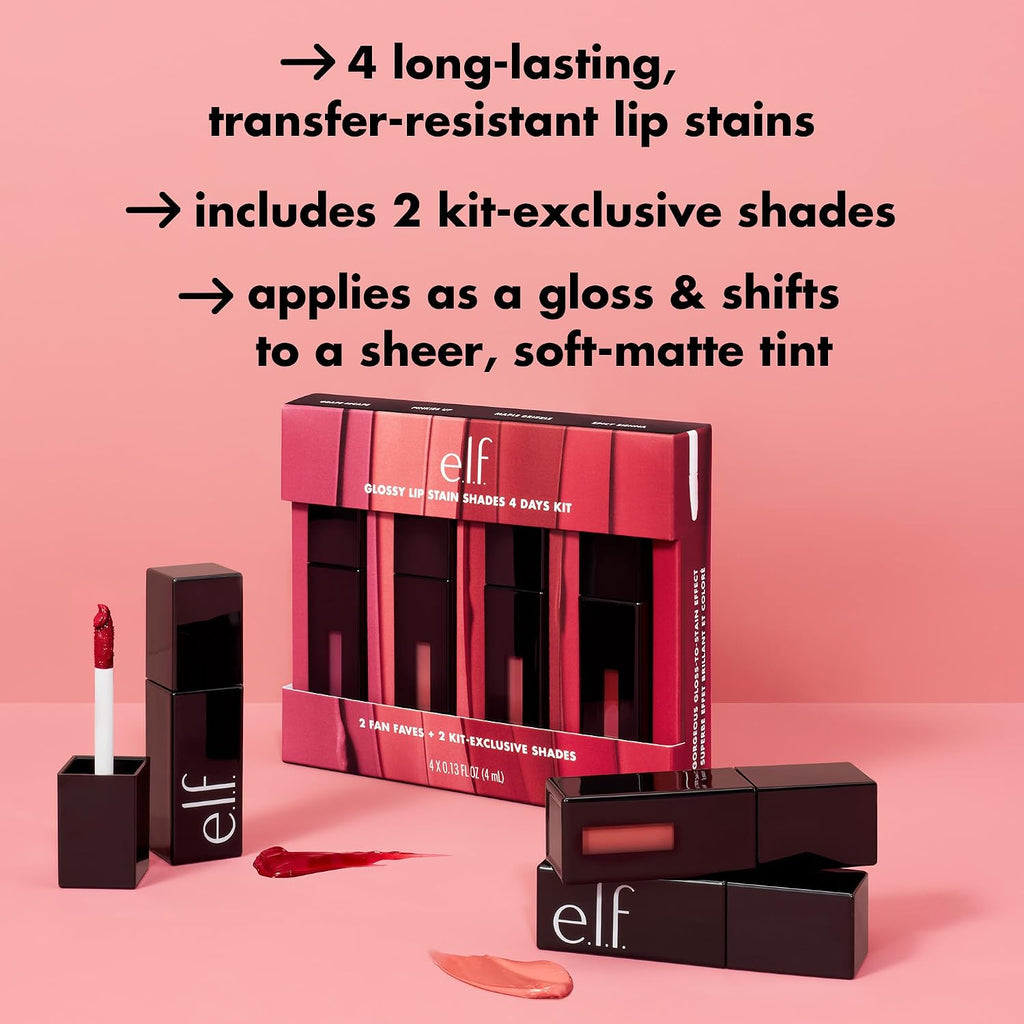 e.l.f. Glossy Lip Stain Shades 4 Days Kit | Long-Lasting Lip Stains For A Sheer Pop Of Color & Subtle Gloss Finish. Vegan & Cruelty-Free. 4 Shades