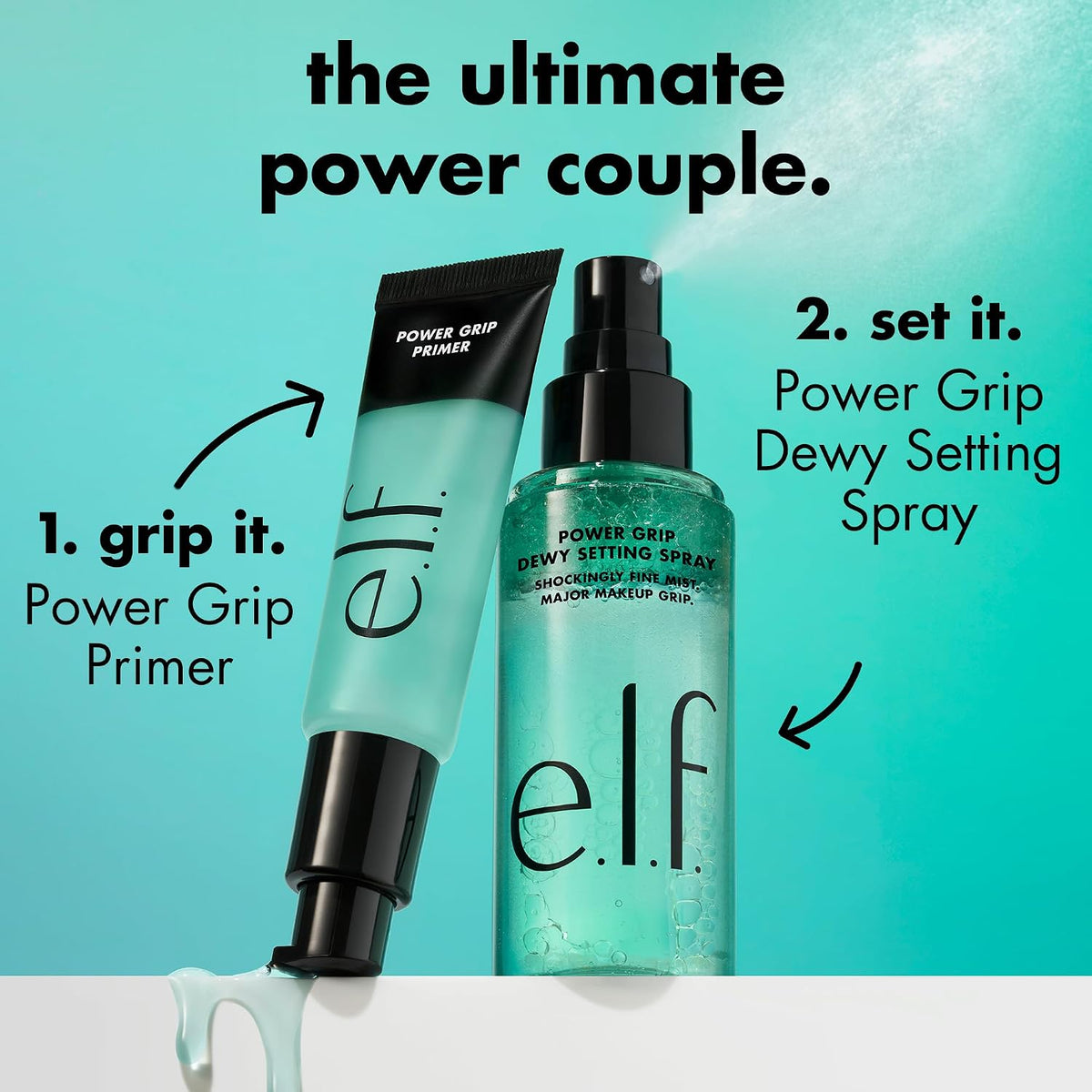 e.l.f. Power Grip Dewy Setting Spray. Hydrating Mist. Dewy Glow Finish | 5% Aloe. Hyaluronic Acid + Squalene Blend. Preps for Long-Lasting Hold. Non-Sticky & Non-Greasy Feel. Vegan & Cruelty-Free