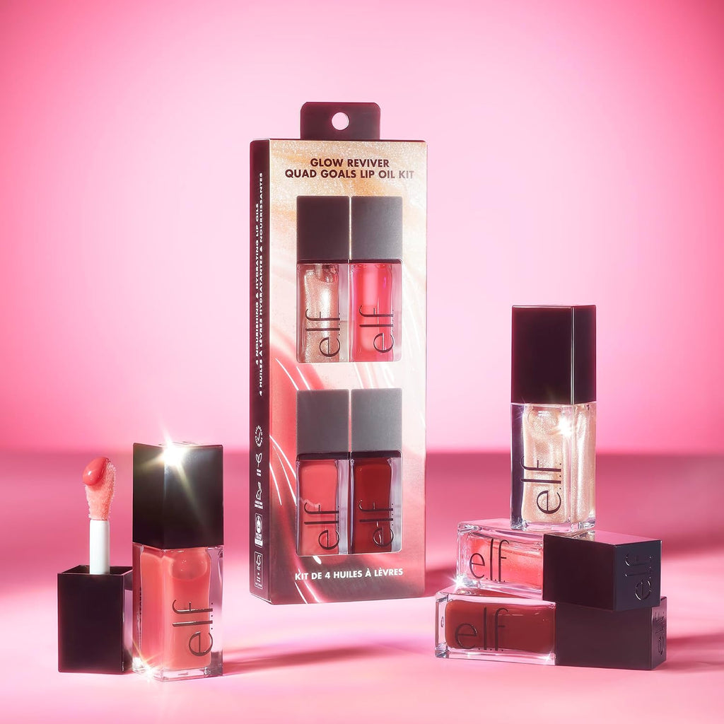 e.l.f. Glow Reviver Quad Goals Lip Oil Kit | 4 Hydrating. Non-Sticky Glossy Tinted Lip Oils. Lip Gloss Set. Moisturizing Lip Care. Vegan & Cruelty-Free