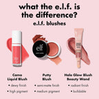 e.l.f. Camo Liquid Blush. Buildable & Blendable. Dusty Rosé | Lightweight Liquid Formula. Long-Lasting Wear. High-Pigment Color. Smooth Application. Buildable. Vegan & Cruelty-Free