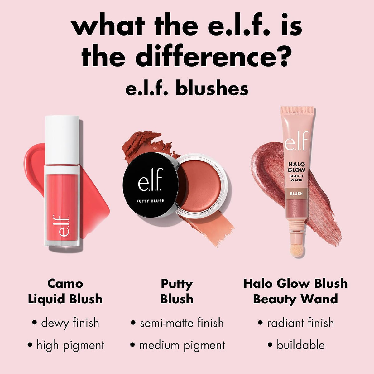 e.l.f. Camo Liquid Blush. Buildable & Blendable. Dusty Rosé | Lightweight Liquid Formula. Long-Lasting Wear. High-Pigment Color. Smooth Application. Buildable. Vegan & Cruelty-Free