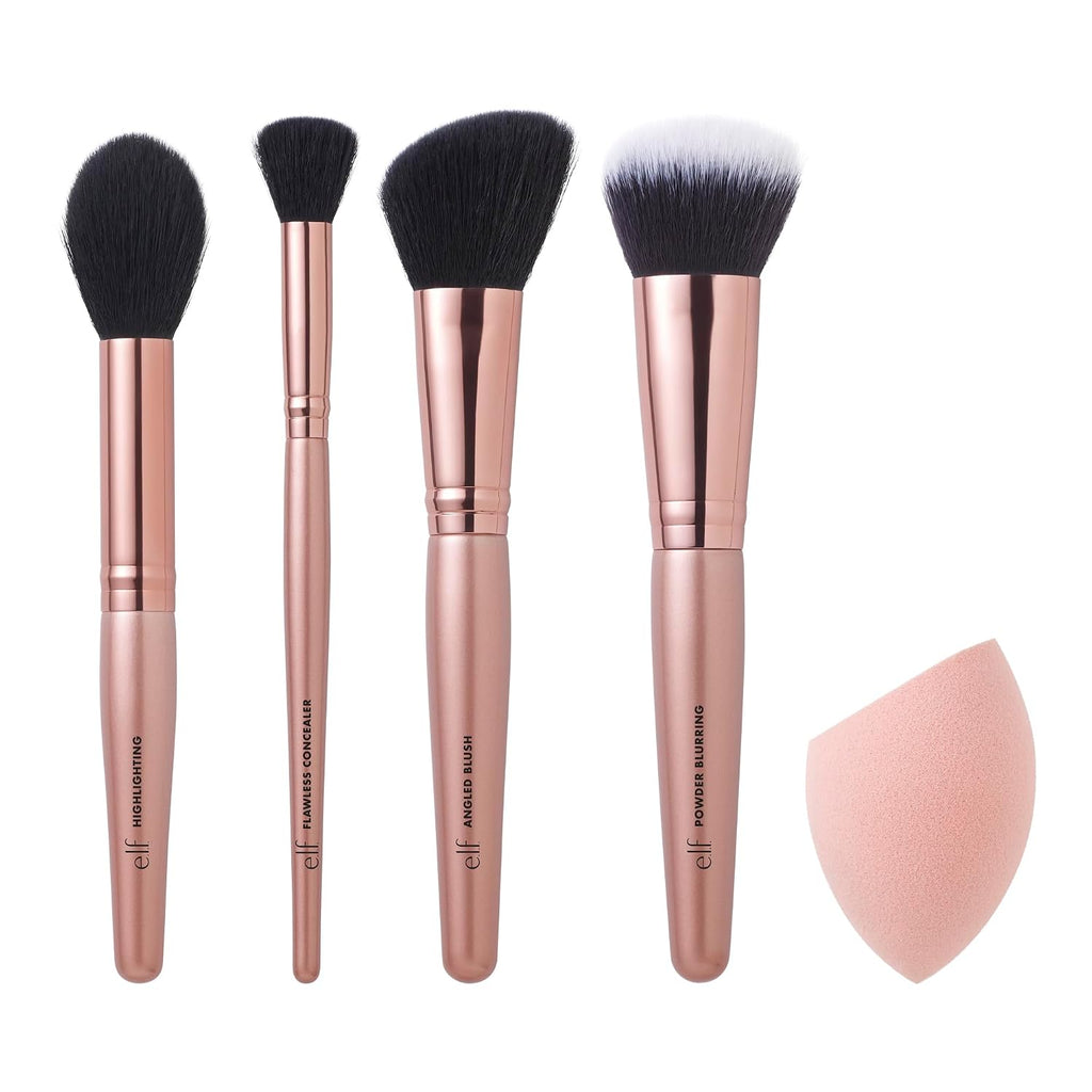 e.l.f. Complexion Essentials Brush & Sponge Set. Concealer. Powder. Blush & Highlighter Brushes & Total Face Sponge. Vegan & Cruelty-Free