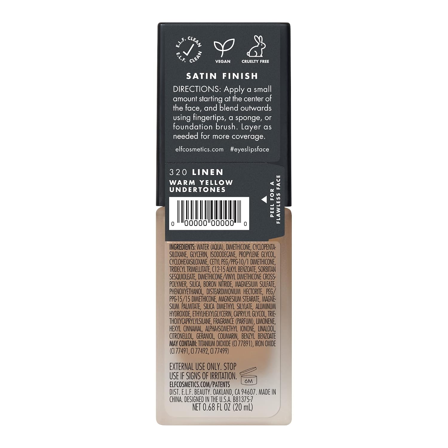 e.l.f. Flawless Satin Foundation. Lightweight & Medium Coverage. Semi-Matte Finish. Vegan & Cruelty-Free. Linen. 0.68 Fl Oz (20mL)