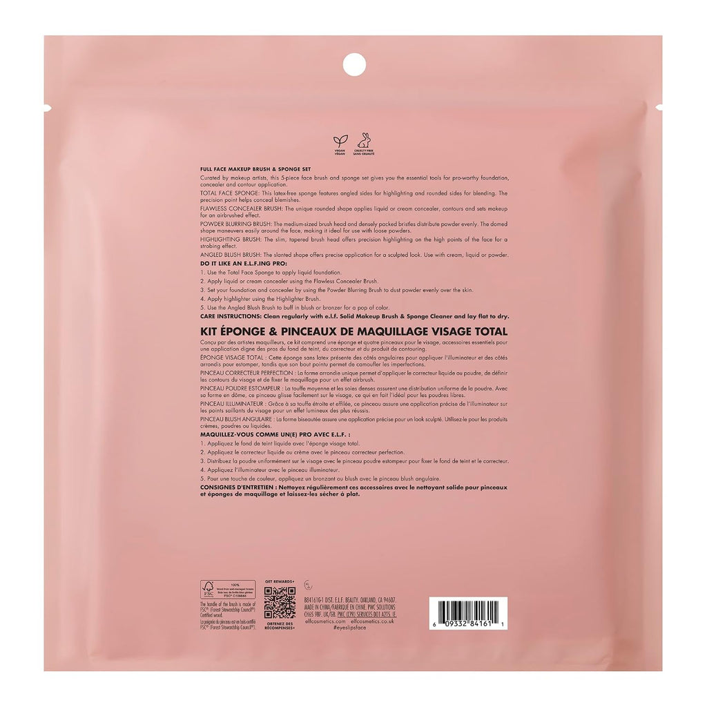e.l.f. Complexion Essentials Brush & Sponge Set. Concealer. Powder. Blush & Highlighter Brushes & Total Face Sponge. Vegan & Cruelty-Free