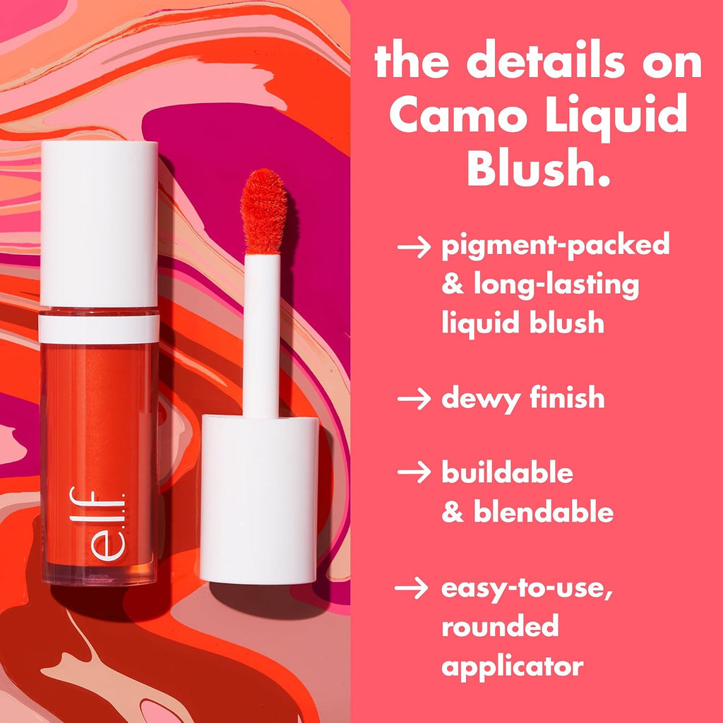 e.l.f. Camo Liquid Blush. Buildable & Blendable. Gorg Orange | Lightweight Liquid Formula. Long-Lasting Wear. High-Pigment Color. Smooth Application. Buildable. Vegan & Cruelty-Free